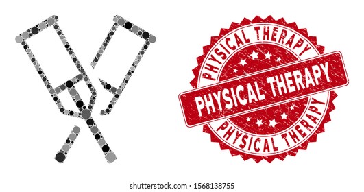 Mosaic crutches and distressed stamp seal with Physical Therapy phrase. Mosaic vector is formed with crutches icon and with random circle spots. Physical Therapy stamp seal uses red color,