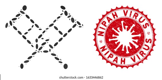 Mosaic crutches icon and red rounded grunge stamp seal with Nipah Virus phrase and coronavirus symbol. Mosaic vector is designed with crutches pictogram and with scattered oval spots.