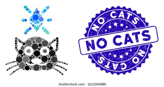 Mosaic crypto kitty icon and distressed stamp seal with No Cats caption. Mosaic vector is formed from crypto kitty icon and with scattered spheric items. No Cats stamp seal uses blue color,