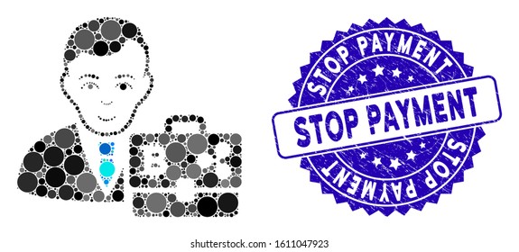 Mosaic cryptocurrency accounter icon and corroded stamp watermark with Stop Payment text. Mosaic vector is composed with cryptocurrency accounter icon and with random spheric elements.