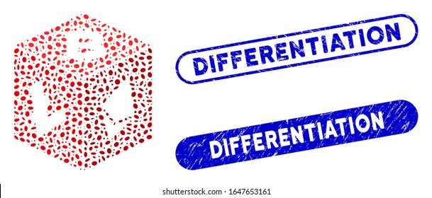 Mosaic cryptocurrency dice and grunge stamp seals with Differentiation caption. Mosaic vector cryptocurrency dice is designed with random oval parts. Differentiation stamp seals use blue color,