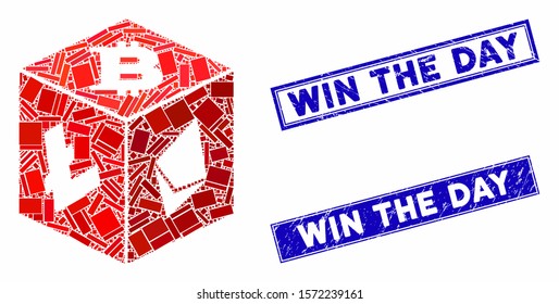 Mosaic cryptocurrency dice icon and rectangular Win the Day stamps. Flat vector cryptocurrency dice mosaic icon of randomized rotated rectangular items.