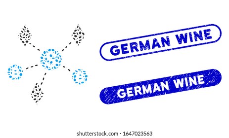 Mosaic cryptocurrency network and corroded stamp seals with German Wine phrase. Mosaic vector cryptocurrency network is designed with scattered elliptic items. German Wine stamp seals use blue color,