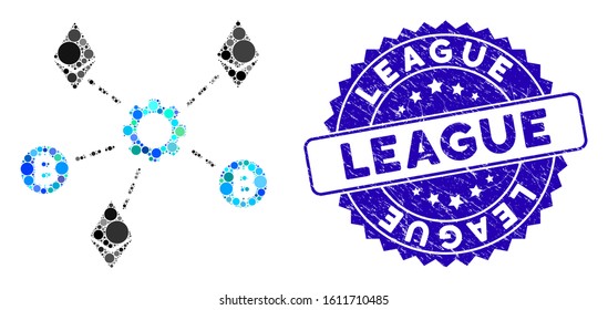 Mosaic cryptocurrency network nodes icon and rubber stamp seal with League caption. Mosaic vector is formed with cryptocurrency network nodes icon and with random spheric spots.