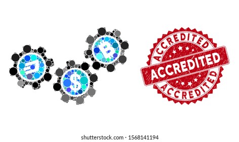 Mosaic cryptocurrency process gears and grunge stamp seal with Accredited caption. Mosaic vector is composed with cryptocurrency process gears icon and with scattered spheric items.