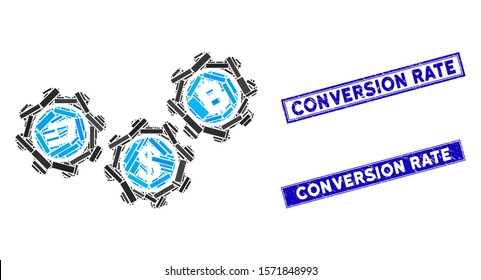 Mosaic cryptocurrency process gears pictogram and rectangular Conversion Rate rubber prints. Flat vector cryptocurrency process gears mosaic pictogram of scattered rotated rectangular items.