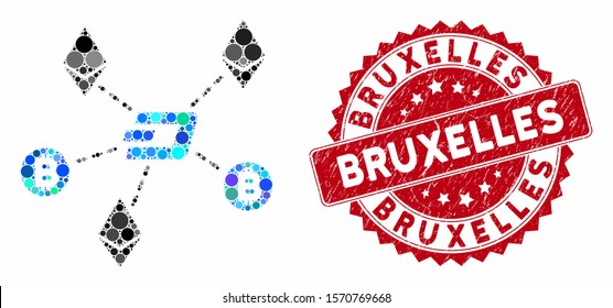 Mosaic cryptocurrency relations and rubber stamp seal with Bruxelles text. Mosaic vector is composed with cryptocurrency relations icon and with random round spots. Bruxelles stamp uses red color,