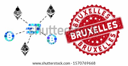 Mosaic cryptocurrency relations and rubber stamp seal with Bruxelles text. Mosaic vector is composed with cryptocurrency relations icon and with random round spots. Bruxelles stamp uses red color,