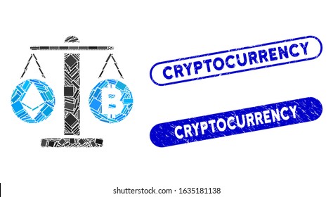 Mosaic cryptocurrency weight and corroded stamp seals with Cryptocurrency phrase. Mosaic vector cryptocurrency weight is composed with scattered rectangle items.