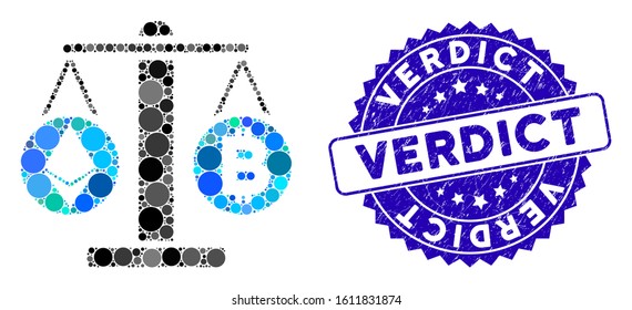 Mosaic cryptocurrency weight icon and distressed stamp seal with Verdict caption. Mosaic vector is formed with cryptocurrency weight pictogram and with randomized round elements.