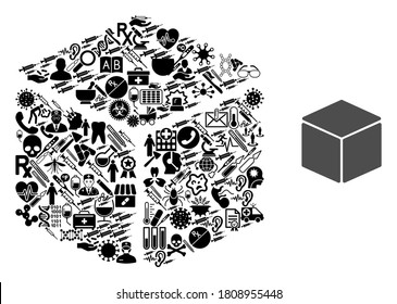 Mosaic cube with health care symbols and basic icon. Mosaic vector cube is formed of health care symbols. Flat design elements for doctor posters. Illustration is based on cube pictogram.