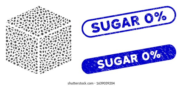 Mosaic cube and rubber stamp seals with Sugar 0% text. Mosaic vector cube is composed with scattered ellipse parts. Sugar 0% stamp seals use blue color, and have round rectangle shape.