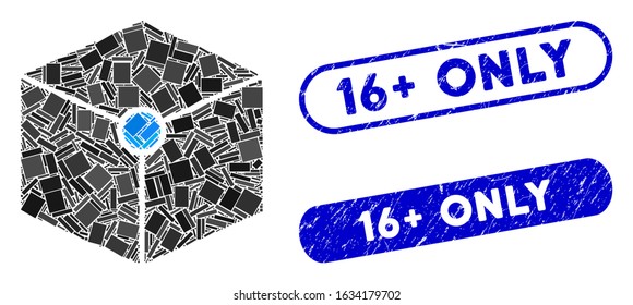 Mosaic cube vertex and distressed stamp seals with 16+ Only text. Mosaic vector cube vertex is created with random rectangle items. 16+ Only stamp seals use blue color, and have round rectangle shape.