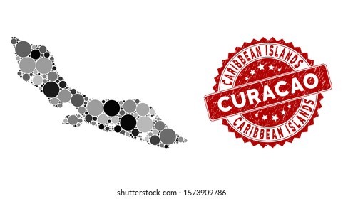 Mosaic Curacao Island map and circle seal stamp. Flat vector Curacao Island map mosaic of scattered circle elements. Red seal stamp with rubber texture.