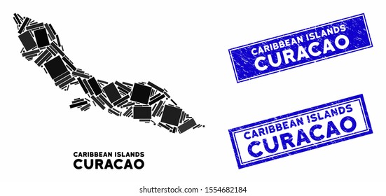 Mosaic Curacao Island map and rectangular seals. Flat vector Curacao Island map mosaic of random rotated rectangle items. Blue caption seals with grunge texture.