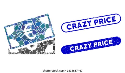Mosaic currency banknotes and distressed stamp seals with Crazy Price text. Mosaic vector currency banknotes is composed with randomized rectangle items. Crazy Price stamp seals use blue color,