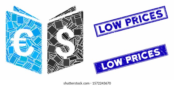 Mosaic currency book pictogram and rectangular Low Prices seal stamps. Flat vector currency book mosaic icon of random rotated rectangular items. Blue Low Prices seal stamps with dirty surface.