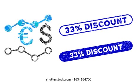 Mosaic currency charts and corroded stamp watermarks with 33% Discount phrase. Mosaic vector currency charts is created with scattered rectangle items. 33% Discount stamp seals use blue color,