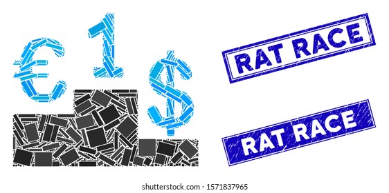Mosaic currency competition icon and rectangle Rat Race seal stamps. Flat vector currency competition mosaic icon of randomized rotated rectangle elements.