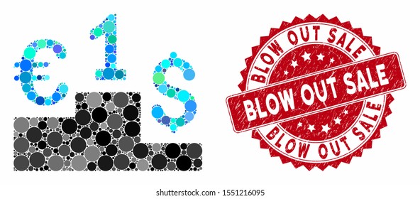 Mosaic currency competition and rubber stamp seal with Blow out Sale caption. Mosaic vector is designed with currency competition icon and with scattered round spots.