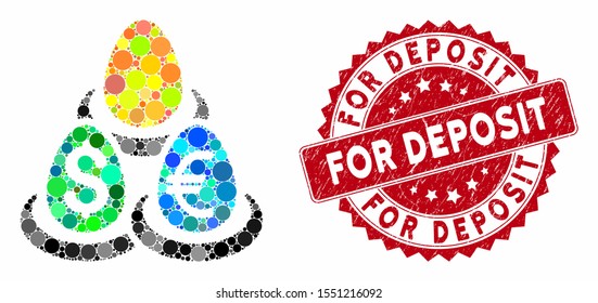 Mosaic currency deposit diversification and grunge stamp seal with For Deposit text. Mosaic vector is created with currency deposit diversification icon and with randomized round elements.