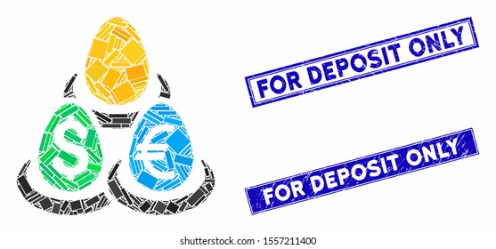 Mosaic currency deposit diversification icon and rectangular seal stamps. Flat vector currency deposit diversification mosaic icon of randomized rotated rectangular elements.
