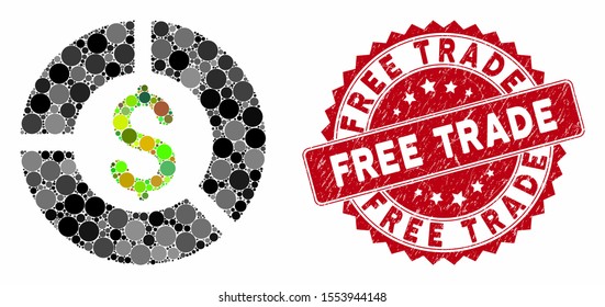 Mosaic currency diagram and rubber stamp seal with Free Trade text. Mosaic vector is composed with currency diagram icon and with random round items. Free Trade seal uses red color,