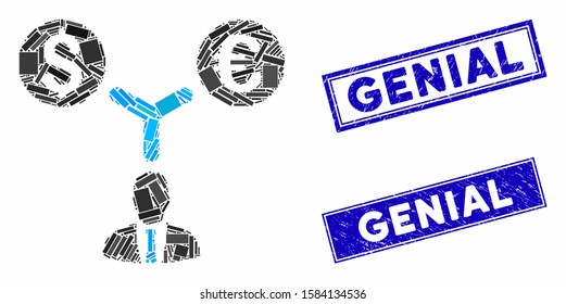 Mosaic currency management pictogram and rectangle Genial rubber prints. Flat vector currency management mosaic pictogram of randomized rotated rectangle items.