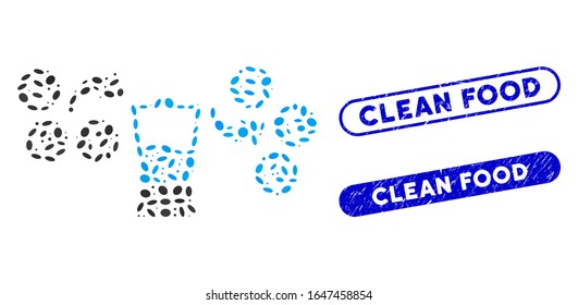 Mosaic currency mixer and rubber stamp seals with Clean Food caption. Mosaic vector currency mixer is created with randomized oval parts. Clean Food stamp seals use blue color,