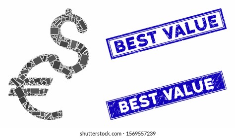 Mosaic currency pictogram and rectangle stamps. Flat vector currency mosaic pictogram of randomized rotated rectangle elements. Blue caption stamps with rubber surface.