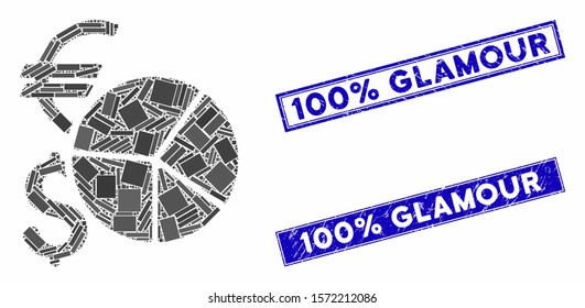 Mosaic currency pie chart icon and rectangular 100% Glamour watermarks. Flat vector currency pie chart mosaic icon of random rotated rectangular items.