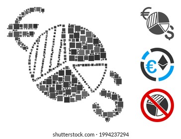 Mosaic Currency pie chart icon designed from square elements in different sizes and color hues. Vector square elements are composed into abstract mosaic currency pie chart icon. Bonus icons are added.