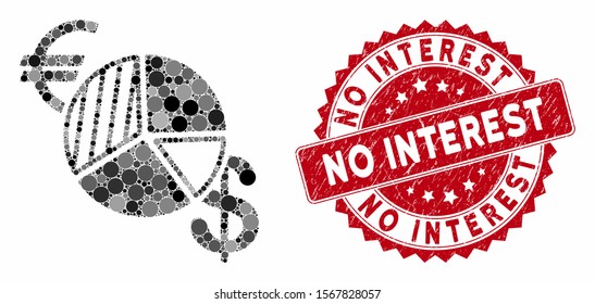 Mosaic currency pie chart and rubber stamp seal with No Interest phrase. Mosaic vector is composed from currency pie chart icon and with scattered round spots. No Interest stamp seal uses red color,