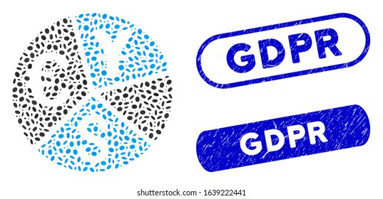 Mosaic currency pie chart and rubber stamp seals with Gdpr text. Mosaic vector currency pie chart is composed with randomized oval dots. Gdpr stamp seals use blue color,