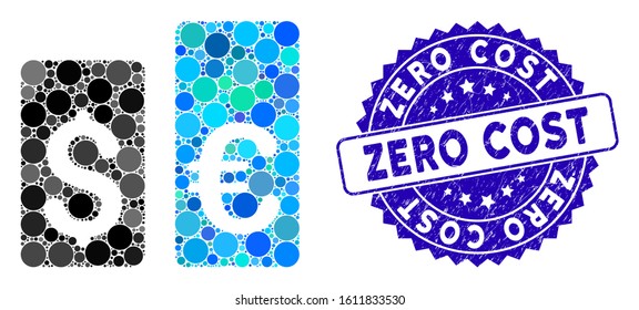Mosaic currency rate bars icon and rubber stamp seal with Zero Cost phrase. Mosaic vector is formed with currency rate bars icon and with randomized spheric items. Zero Cost stamp uses blue color,