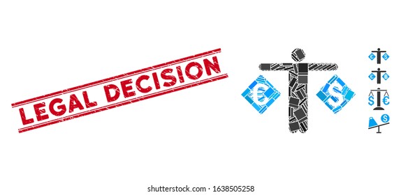 Mosaic currency trader pictogram and red Legal Decision rubber print between double parallel lines. Flat vector currency trader mosaic icon of scattered rotated rectangle items.