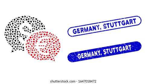 Charla de transferencia de moneda mosaico y sellos de goma con Alemania, frase Stuttgart. El chat de transferencia de moneda vectorial mosaico se crea con partes ovaladas aleatorias. Alemania,