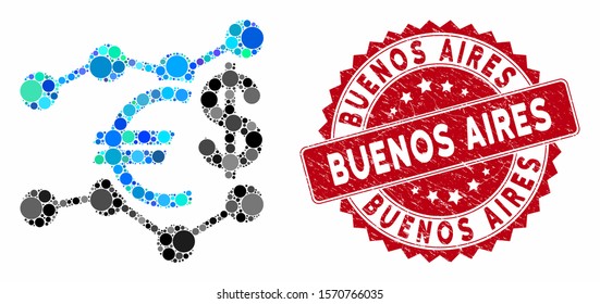 Mosaic currency trends and distressed stamp seal with Buenos Aires caption. Mosaic vector is created from currency trends icon and with randomized round spots. Buenos Aires stamp seal uses red color,