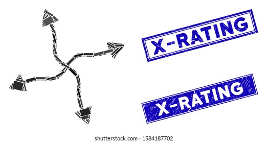 Mosaic curve arrows icon and rectangular X-Rating seal stamps. Flat vector curve arrows mosaic pictogram of random rotated rectangular items. Blue X-Rating seal stamps with scratched texture.