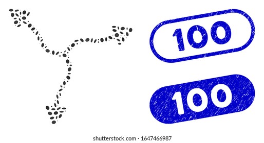 Mosaic curve arrows and rubber stamp seals with 100 caption. Mosaic vector curve arrows is formed with randomized ellipse spots. 100 stamp seals use blue color, and have round rectangle shape.