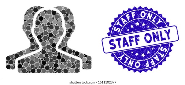 Mosaic Customer Group Icon And Rubber Stamp Seal With Staff Only Caption. Mosaic Vector Is Created From Customer Group Icon And With Randomized Round Items. Staff Only Stamp Seal Uses Blue Color,