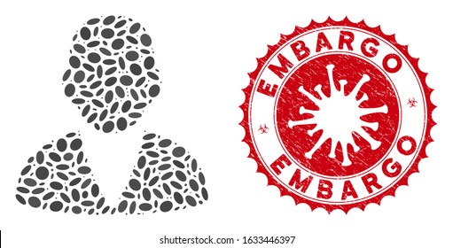 Mosaic customer icon and red rounded corroded stamp seal with Embargo phrase and coronavirus symbol. Mosaic vector is formed with customer icon and with randomized oval spots.