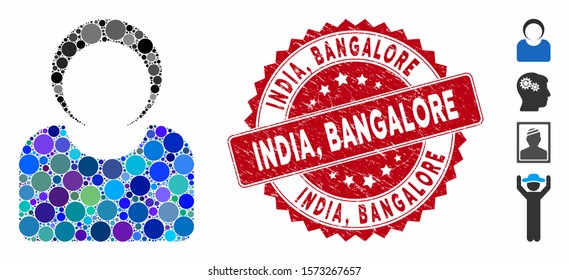 Mosaic customer icon and rubber stamp seal with India, Bangalore phrase. Mosaic vector is created with customer icon and with scattered spheric elements. India, Bangalore stamp seal uses red color,