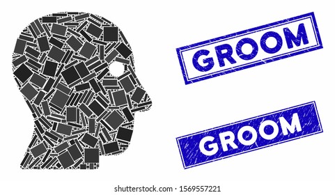 Mosaic customer profile icon and rectangular rubber prints. Flat vector customer profile mosaic icon of randomized rotated rectangular items. Blue caption rubber seals with rubber textures.