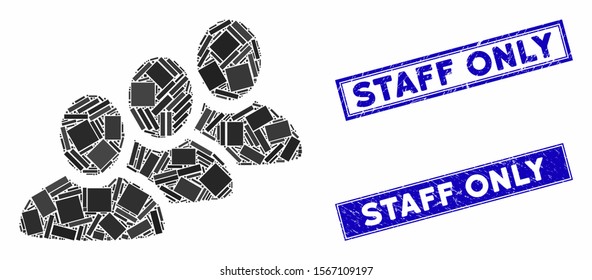 Mosaic customer queue icon and rectangle seals. Flat vector customer queue mosaic icon of scattered rotated rectangle elements. Blue caption seal stamps with dirty surface.