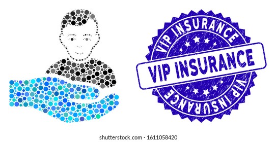 Mosaic customer support hand icon and rubber stamp seal with Vip Insurance caption. Mosaic vector is formed with customer support hand icon and with randomized round items.
