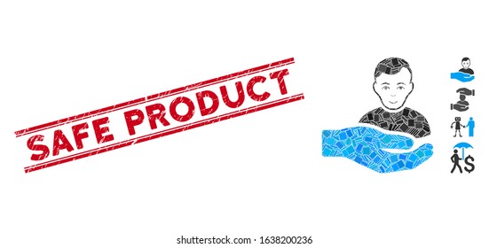 Mosaic customer support hand icon and red Safe Product seal stamp between double parallel lines. Flat vector customer support hand mosaic icon of random rotated rectangular items.