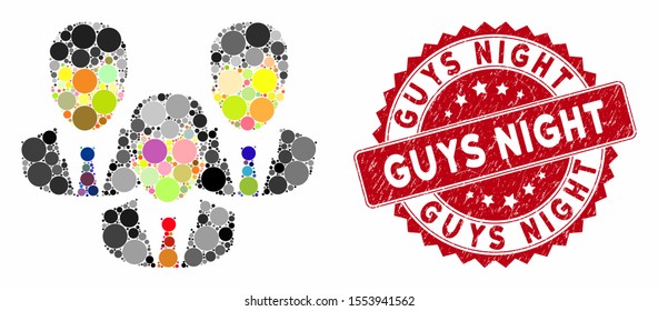 Mosaic customers and grunge stamp seal with Guys Night text. Mosaic vector is composed with customers icon and with randomized spheric items. Guys Night stamp uses red color, and grunge texture.