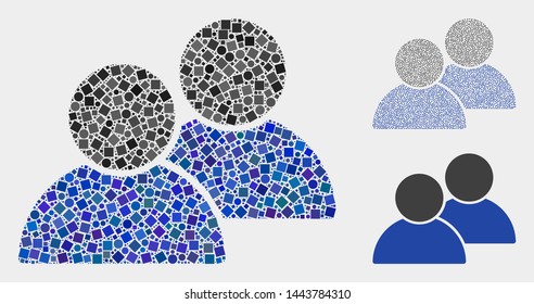 Mosaic Customers icon designed from circle and square elements in different sizes, positions and proportions. Vector circle and square elements are organized into abstract collage customers icons.