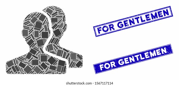 Mosaic customers icon and rectangular seals. Flat vector customers mosaic icon of scattered rotated rectangular items. Blue caption rubber seals with grunge textures.
